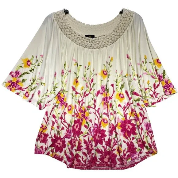 JM Collection XL Floral Boho Top Cream/Pink Short Bell Sleeves Smocked Neckline - Picture 2 of 13